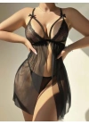 Kadın Siyah Fantezi Gecelik Tül Göğüs Fiyonk detaylı Önden Açık Dekolteli 2195