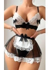 Kadın Siyah Fiyonklu Etekli Seksi Hizmetçi Kostümü 2124