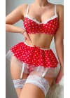 Kırmızı Puantiye Etekli Kadın Fantezi Seksi Kostüm 2076