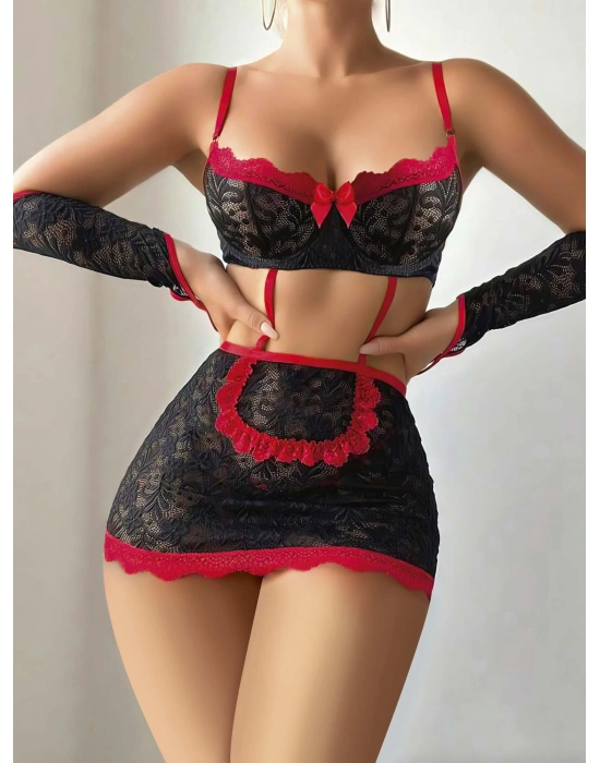 5 parça Kırmızı Siyah Dantel Çiçek Desen Hizmetçi Model Özel Fantezi Tanga Hediyeli 2043