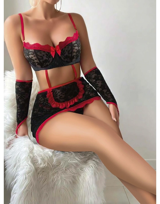 5 parça Kırmızı Siyah Dantel Çiçek Desen Hizmetçi Model Özel Fantezi Tanga Hediyeli 2043