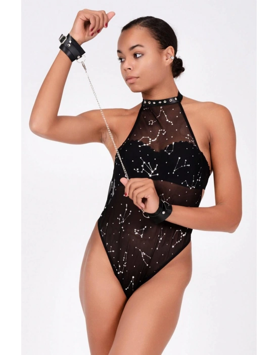 Baskılı Tül Ve Deri Bileklik Şık Babydoll  51190