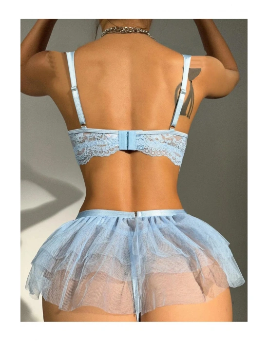 Bebe Mavi Bel Tüllü Kadın Seksi Fantezi Jartiyer Takım 2059