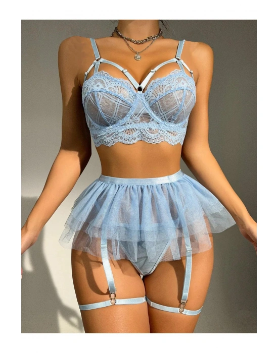 Bebe Mavi Bel Tüllü Kadın Seksi Fantezi Jartiyer Takım 2059