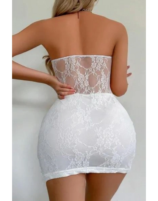 Beyaz Dantel İşlemeli Göğüs Dekolteli Seksi 5081