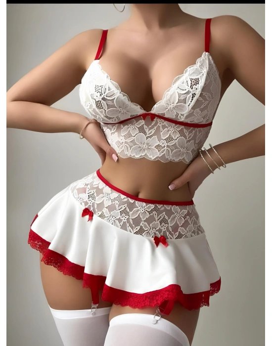 Beyaz Etekli Kırmızı Dantelli Fantezi Kostüm 2058