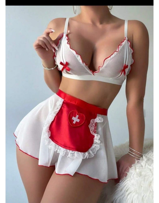 Beyaz Kenarları Dantel Sütyen Etek Hemşire Kostüm Kıyafeti şık 52091