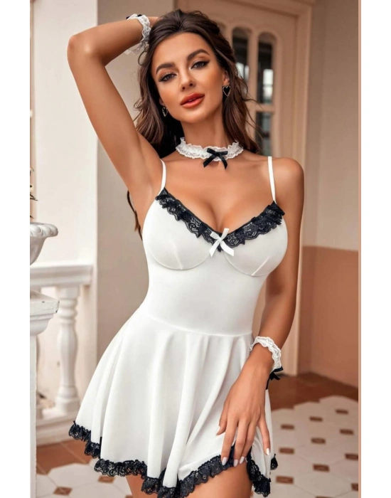 Beyaz Süprem Ve Siyah Dantelli Şık Hizmetci Kostümü 51250