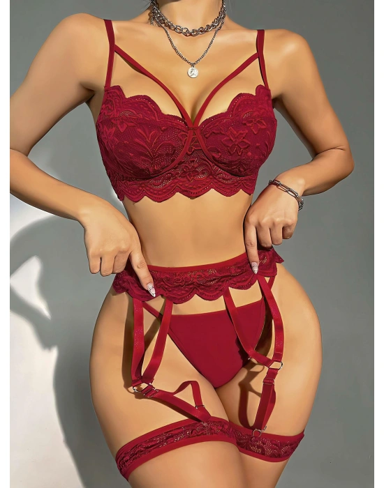 Bordo Jartiyer Fantezi 5'li Takım 2028