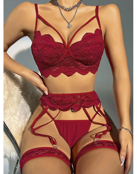 Bordo Jartiyer Fantezi 5'li Takım 2028