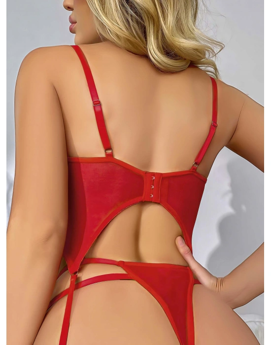 Dantel Transparan Kırmızı Badysuit 4'lü Takım 2026
