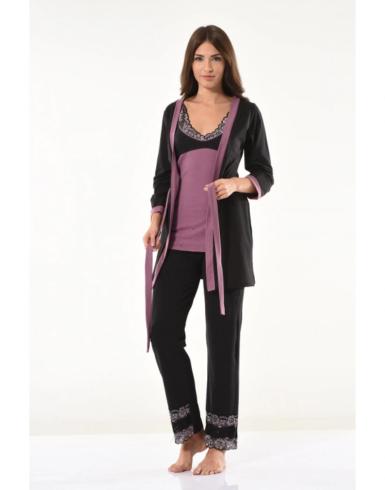 Derya Kurşun Dantel Detaylı Gecelik Sabahlık Takım 1043