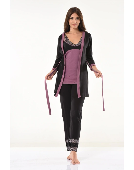 Derya Kurşun Dantel Detaylı Gecelik Sabahlık Takım 1043