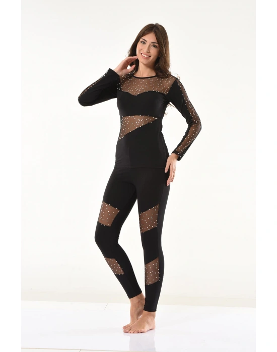 Derya Kurşun Puanlı Transparan Detaylı Kadın Tayt Takım 1131