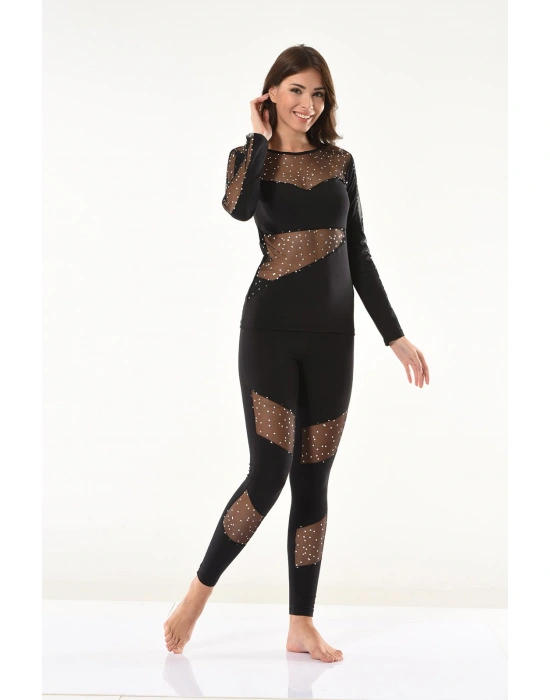 Derya Kurşun Puanlı Transparan Detaylı Kadın Tayt Takım 1131