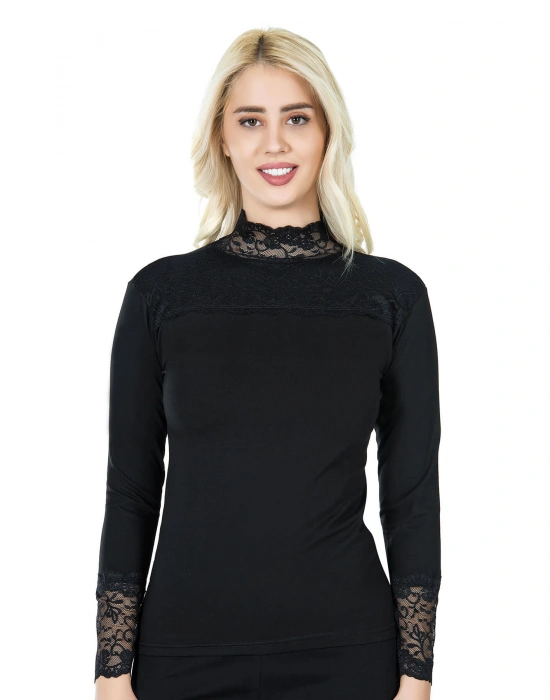 Derya Kurşun Uzun Kol Balıkçı Yaka Dantelli Kadın Tişört 241