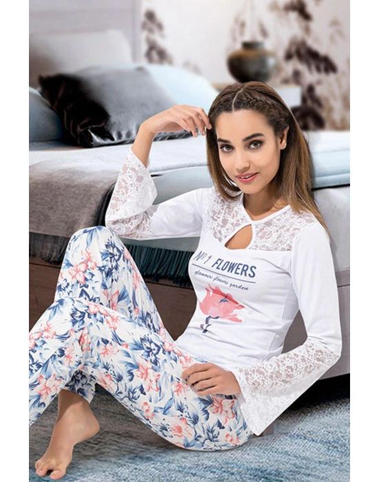 Derya Kurşun Uzun Kol Dantelli Kadın Pijama Takım 1115