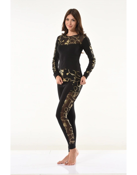 Derya Kurşun Varaklı Transparan Detaylı Tayt Takım 1130