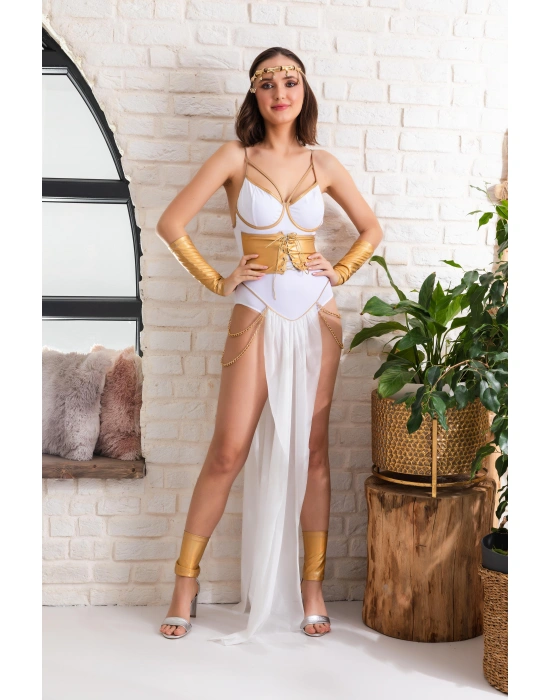 FANTEZİ ALTIN VARAKLI DANSÖZ KOSTÜMÜ BEYAZ (MGP6680)