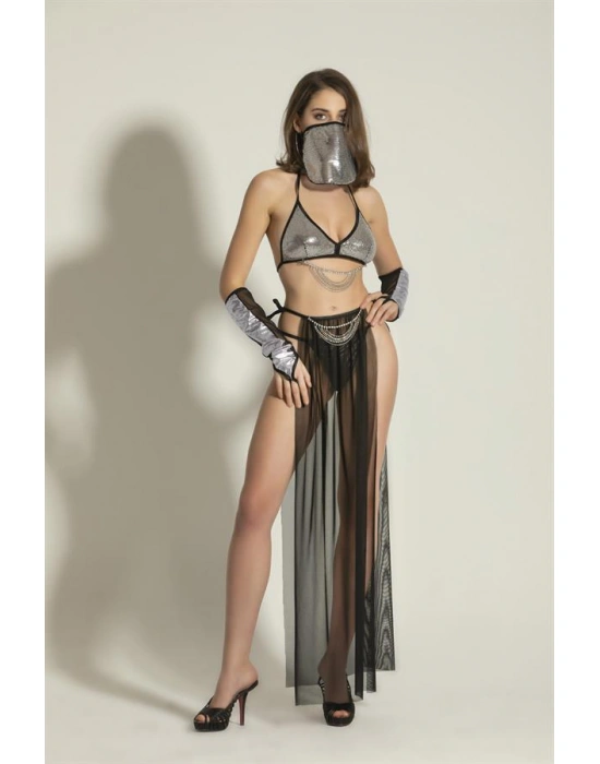 FANTEZİ DANSÖZ KOSTÜMÜ SİYAH/GÜMÜŞ (MGP6456)