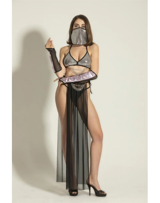 FANTEZİ DANSÖZ KOSTÜMÜ SİYAH/GÜMÜŞ (MGP6456)