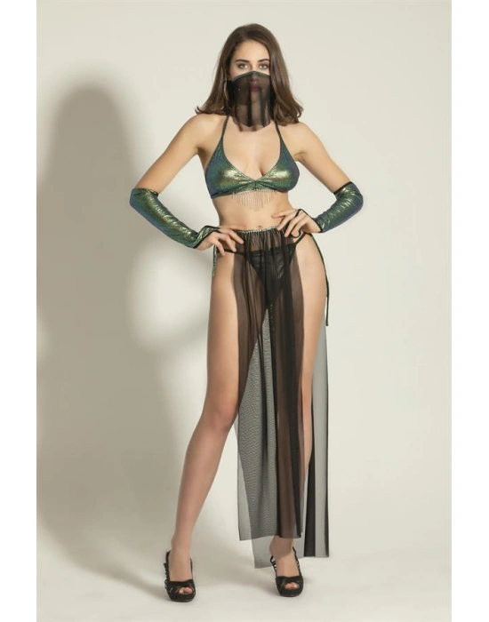 FANTEZİ DANSÖZ KOSTÜMÜ SİYAH/YEŞİL (MGP6456)