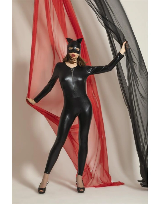 FANTEZİ DERİ KEDİ KIZ KOSTÜMÜ SİYAH (MGP6330)