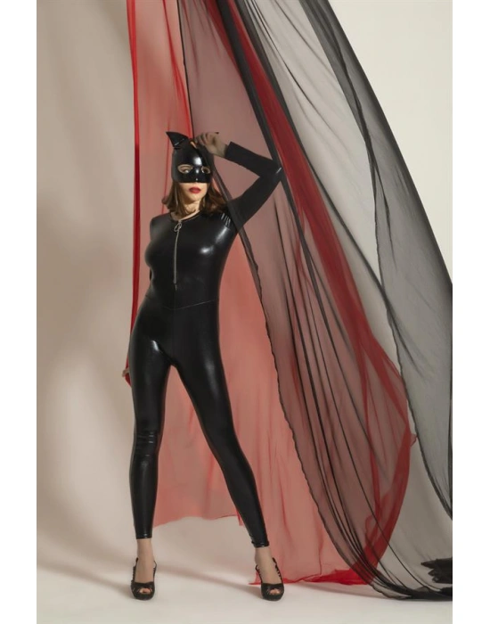 FANTEZİ DERİ KEDİ KIZ KOSTÜMÜ SİYAH (MGP6330)