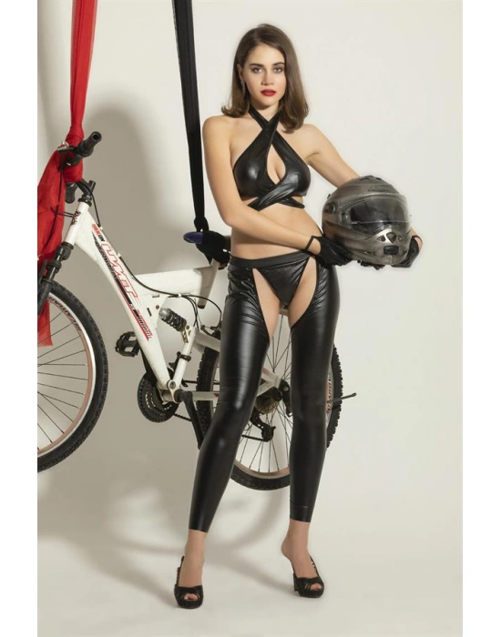 FANTEZİ DERİ MOTOSİKLETÇİ KIZ KOSTÜMÜ SİYAH (MGP6344)