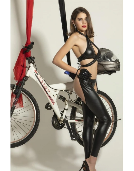FANTEZİ DERİ MOTOSİKLETÇİ KIZ KOSTÜMÜ SİYAH (MGP6344)