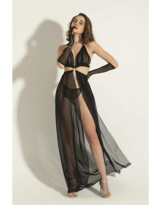 FANTEZİ TRANSPARAN ELBİSE STRİNG TAKIM SİYAH (MGP6132)