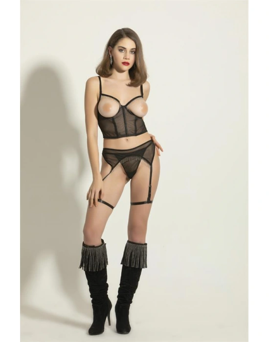 FANTEZİ TRANSPARAN KORSE JARTİYER TAKIM SİYAH (MGP6382)