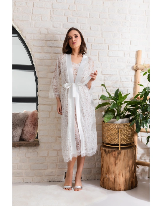 GELİN SET TRANSPARAN MİDİ BOY KUŞAKLI SABAHLIK EKRU (MGP12176)