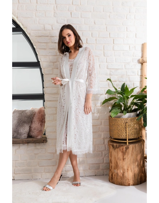 GELİN SET TRANSPARAN MİDİ BOY KUŞAKLI SABAHLIK EKRU (MGP12176)