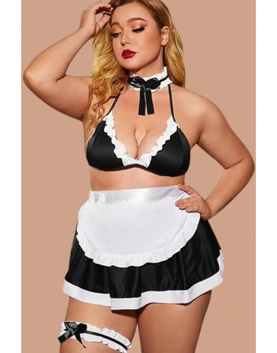 Hizmetci Siyah Yanları Saten Şık Fantezi Kostüm 50888BT