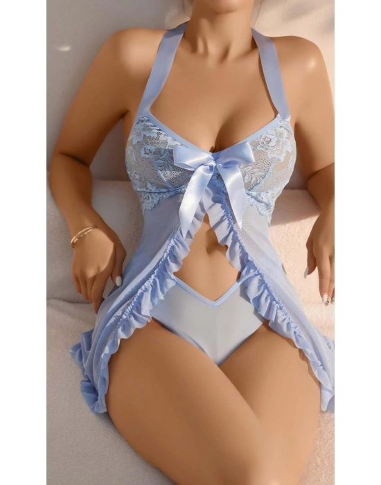 Kadın Bbmavisi Fantezi Gecelik Tül Göğüs BFiyonk detaylı Dekolteli Önden Fırfırlı 2116