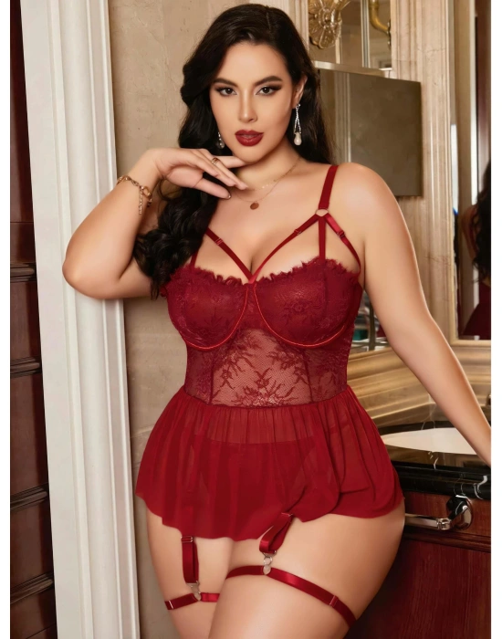 Kadın Bordo Dantelli Transparan Büyük Beden Fantezi Gecelik Takımı 8002