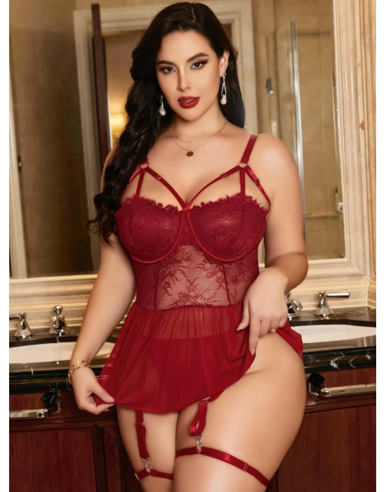 Kadın Bordo Dantelli Transparan Büyük Beden Fantezi Gecelik Takımı 8002