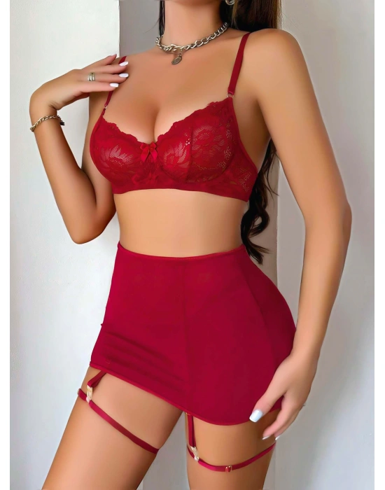 Kadın Bordo Etek Fantezi Jartiyer Sexy Gecelik Takım 2151