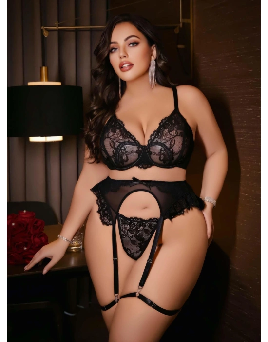 Kadın Büyük beden dantel detaylı fantezi jartiyer takımı 8010