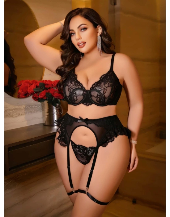 Kadın Büyük beden dantel detaylı fantezi jartiyer takımı 8010