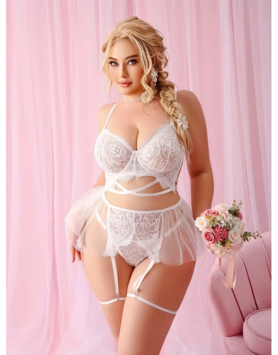 Kadın Büyük Beden Jartiyerli Tüllü Erotik Fantezi Dantelli Gecelik 8009