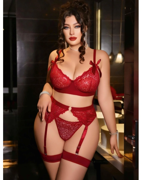 Kadın Büyük Beden Kırmızı Dantelli Jartiyerli Fantezi İç Giyim Takımı 8005
