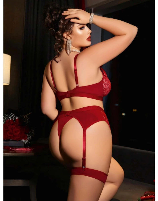 Kadın Büyük Beden Kırmızı Dantelli Jartiyerli Fantezi İç Giyim Takımı 8005