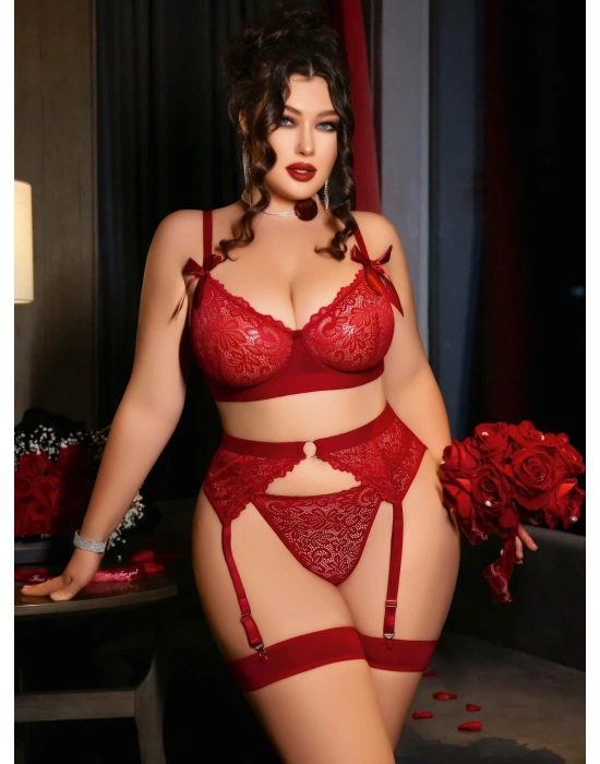 Kadın Büyük Beden Kırmızı Dantelli Jartiyerli Fantezi İç Giyim Takımı 8005