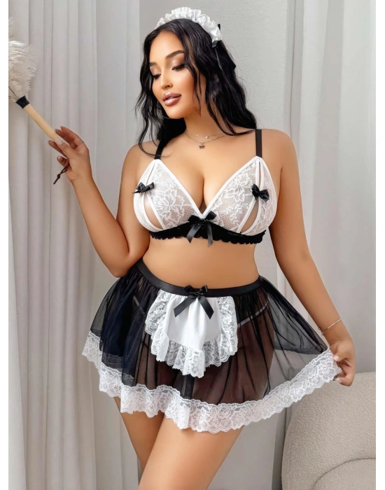 Kadın Büyük Beden  Seksi Hizmetçi Kostüm Fantezi Transparan Tül Fantezi Erotik 8006