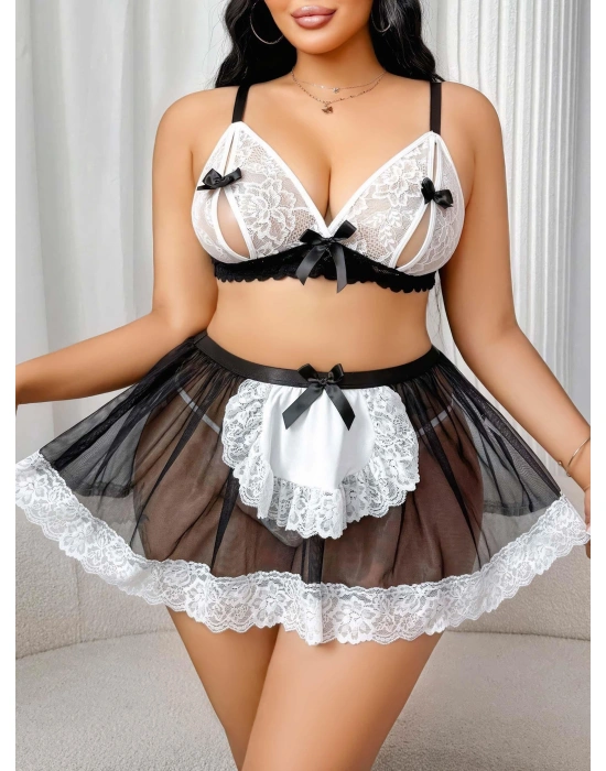 Kadın Büyük Beden  Seksi Hizmetçi Kostüm Fantezi Transparan Tül Fantezi Erotik 8006