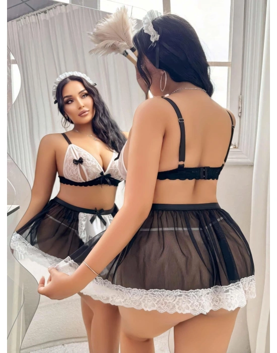 Kadın Büyük Beden  Seksi Hizmetçi Kostüm Fantezi Transparan Tül Fantezi Erotik 8006