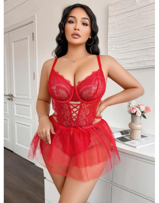 Kadın Çapraz İpli Dantelli Büyük Beden Tüllü Transparan Fantezi Gecelik 8008