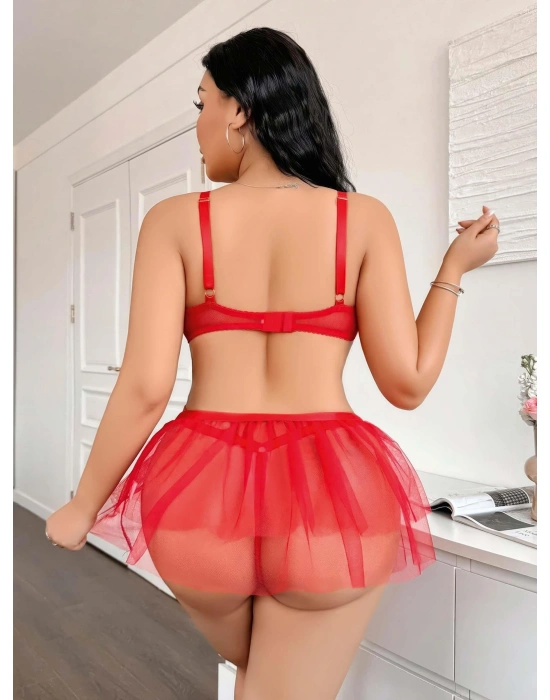 Kadın Çapraz İpli Dantelli Büyük Beden Tüllü Transparan Fantezi Gecelik 8008